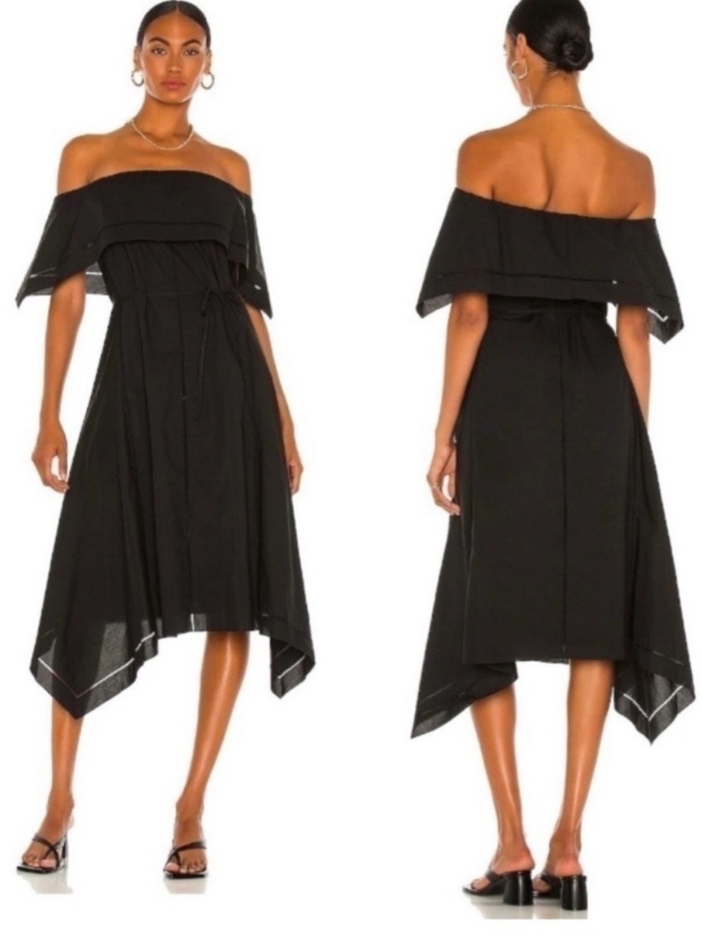 Theory Ladder Eyelet Off Shoulder Asymmetrical Hem Midi Dress 100% Cotton M